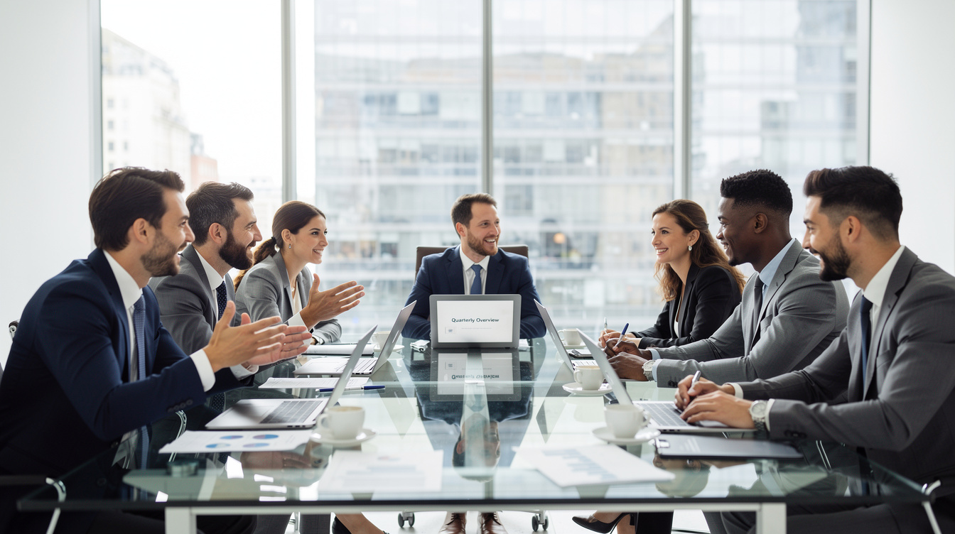 Group of business professionals discussing around a table in a bright meeting room
